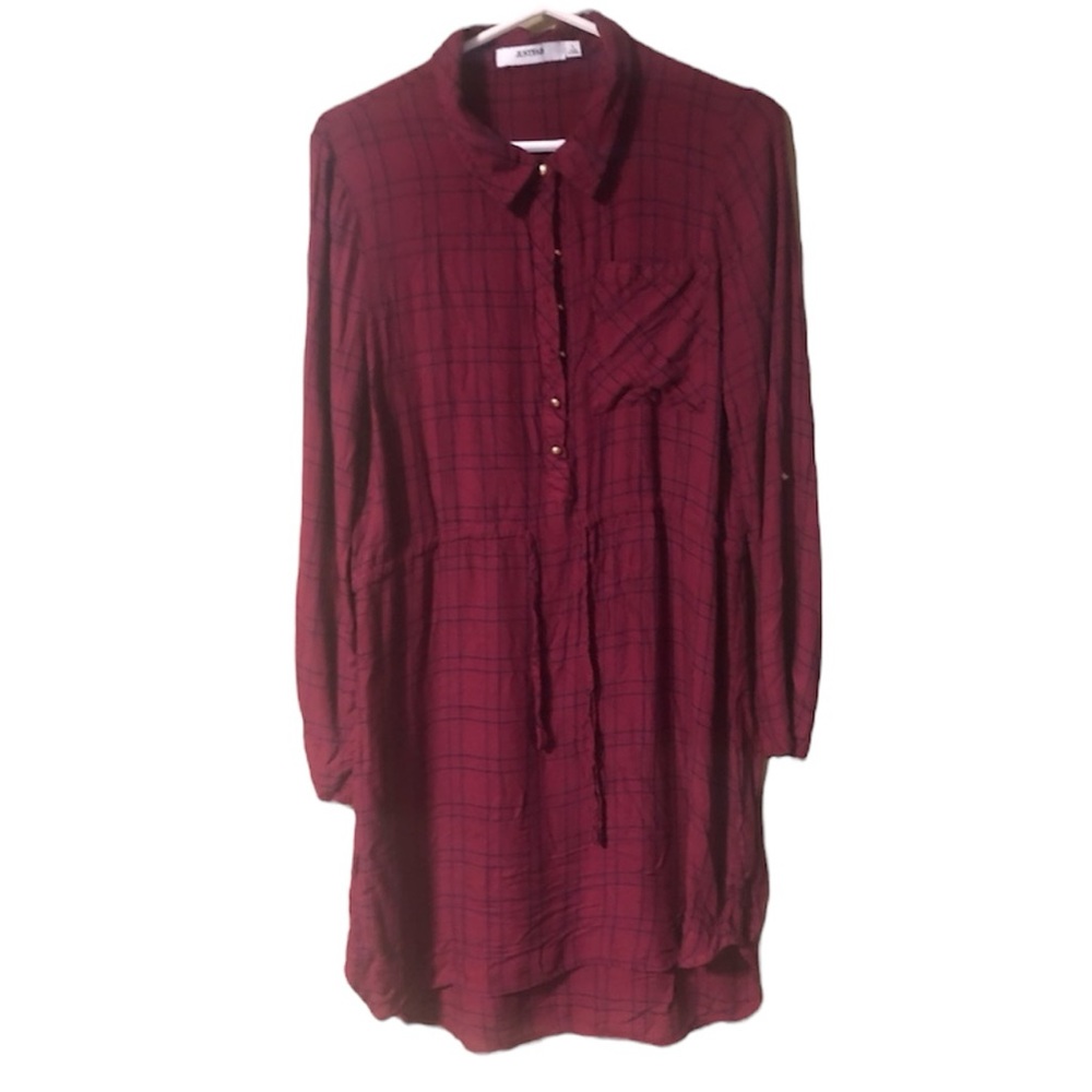 JustFab Red Black Plaid Grid Collared Button Drawstring Pocket Shirt Dress Large